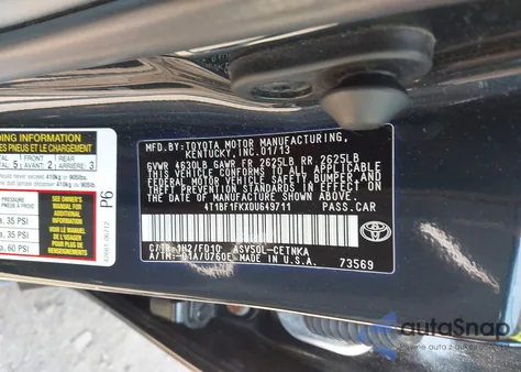 2013 Toyota Camry Le from USA, damaged, VIN 4T1BF1FKXDU649711